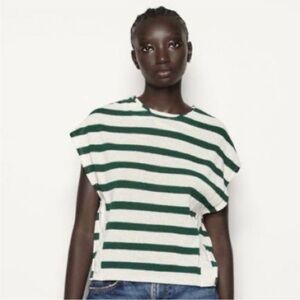 NWT Zara Green & Cream Striped Rustic Button Detail Knit Sweater Tee